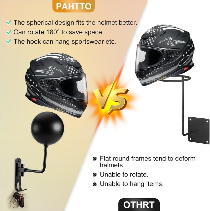 PAHTTO Motorcycle Helmet Holder (2 Pack) Wall Mount, Helmet Hanger 180° Rotation Helmet Rack with Double Hook for Football Helmet, Bicycle Helmet, Hat, Cap, Sportswear, Motorcycle Accessories - Image 4